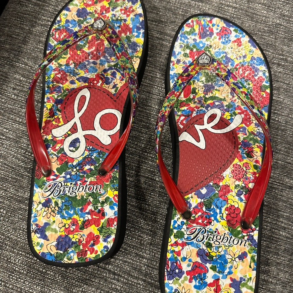Brighton Floral Flip Flops with Red Straps